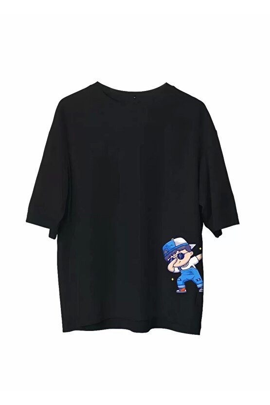 Unisex Bisiklet Yaka Baskılı Oversize T-Shirt - Siyah