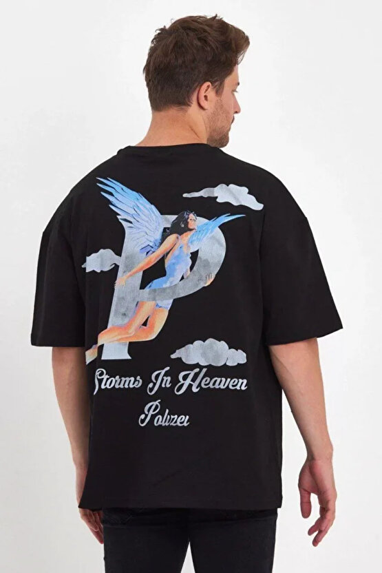 eyesof Erkek Melek Baskılı Oversize T-shirt - Siyah