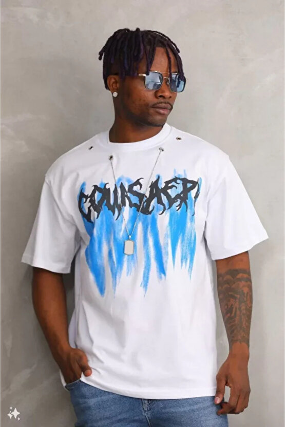 eyesof Unisex Oversize Kolye Dahil T-Shirt - Beyaz