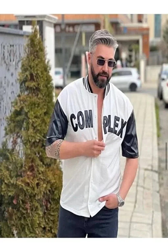 eyesof Erkek Complex Kolları Deri Kolej Oversize T-Shirt - Beyaz