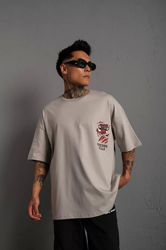 Erkek Sırt Baskılı A Kalite Oversize T-shirt - Gri