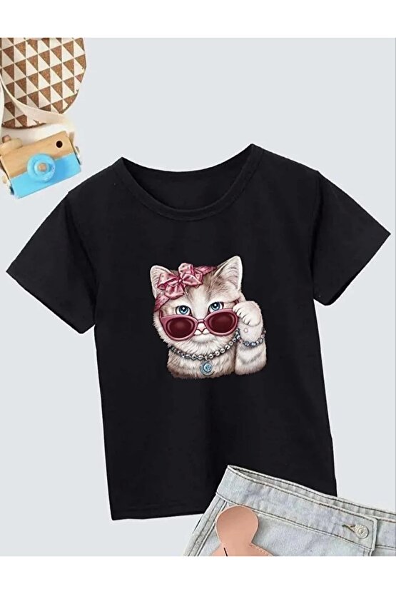 Kız Çocuk Bisiklet Yaka Baskılı T-Shirt - Siyah