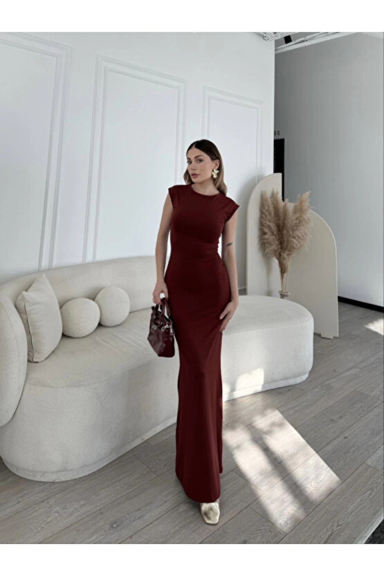 Kolsuz Uzun Likralı Elbise - Bordo