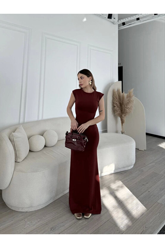 Kolsuz Uzun Likralı Elbise - Bordo