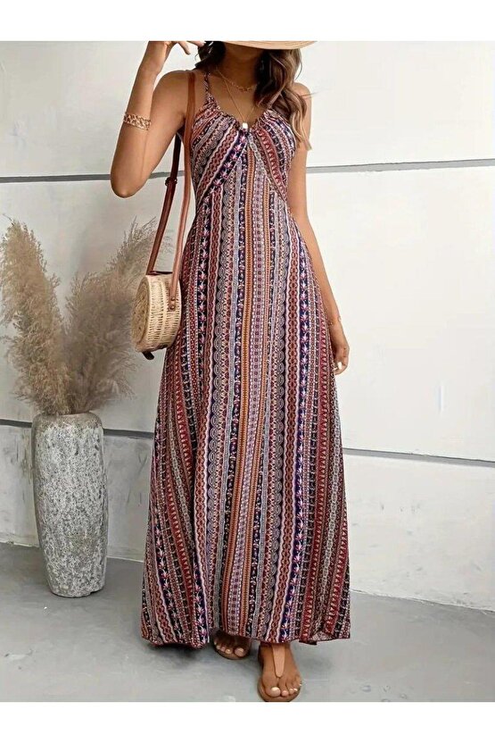 Kadın Ip Askılı Sırttan çapraz Detaylı Yırtmaçlı Desenli Süprem Elbise