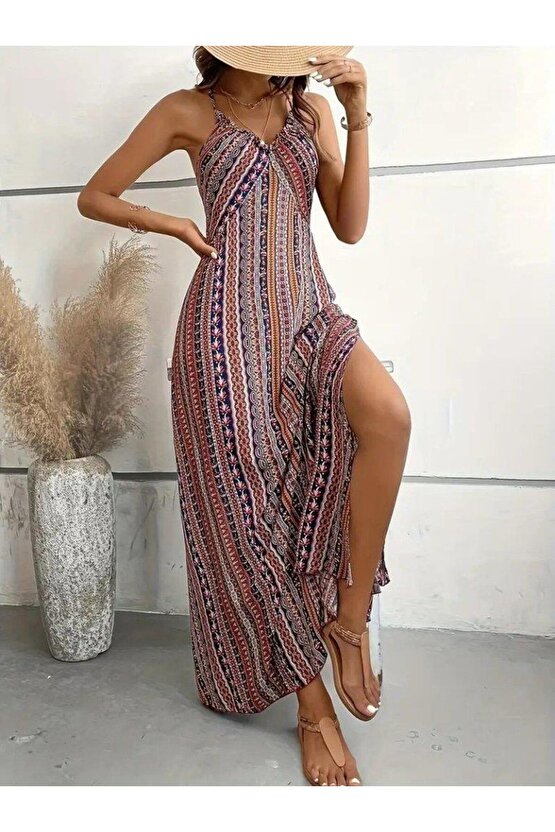 Kadın Ip Askılı Sırttan çapraz Detaylı Yırtmaçlı Desenli Süprem Elbise