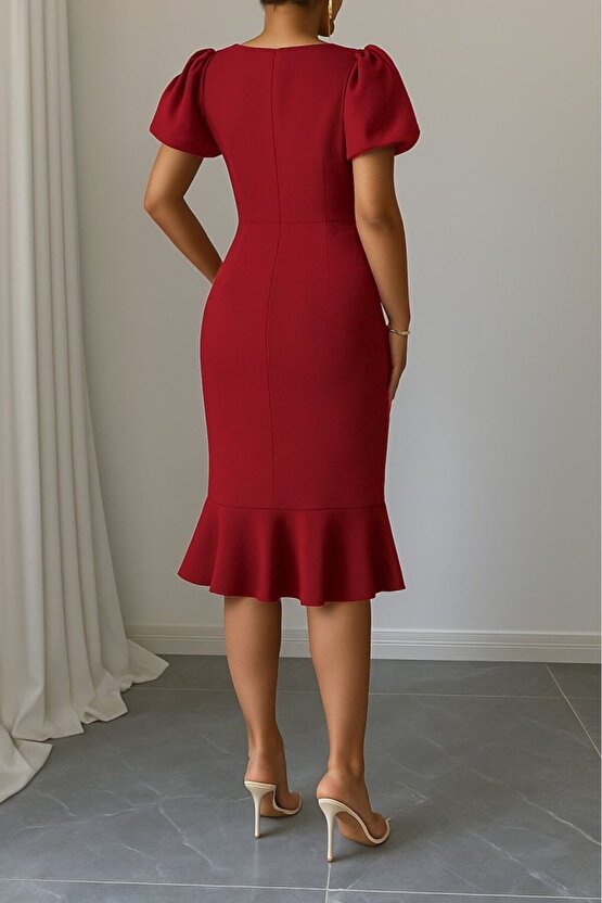 EQURİ Kadın Kısa Kollu Yuvarlak Yaka Pileli Janjan Krep Elbise