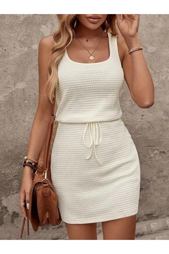 Kadın Askılı Kare Yakalı Belden Bağcıklı Triko Elbise