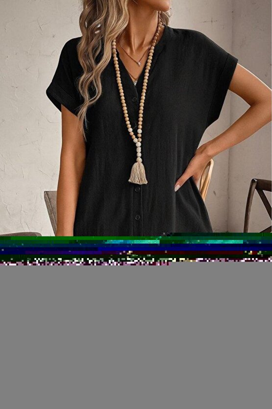 Kadın Kısa Kollu önden Düğmeli Ithal Keten Elbise