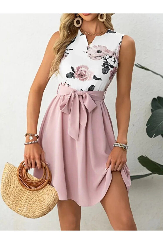 Kadın Sıfır Kollu V Yakalı çiçek Baskılı Beli Kuşaklı Dalgıç Elbise