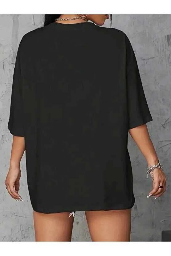 201 Penye Compack Baskılı Oversize Kahve Desenli Kadın Kısa Kol Yazlık T-shirt - Siyah