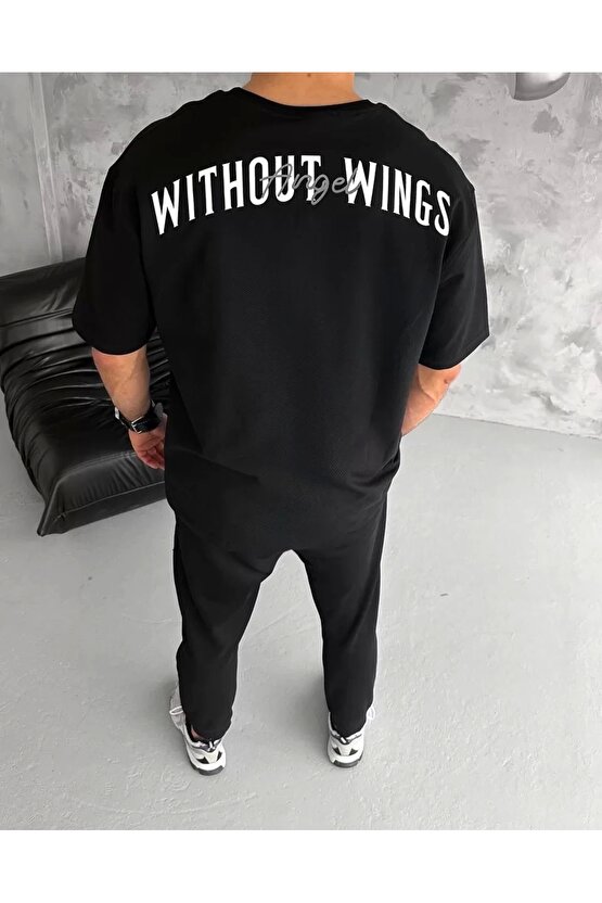 Unisex Bisiklet Yaka Baskılı Oversize T-Shirt - Siyah