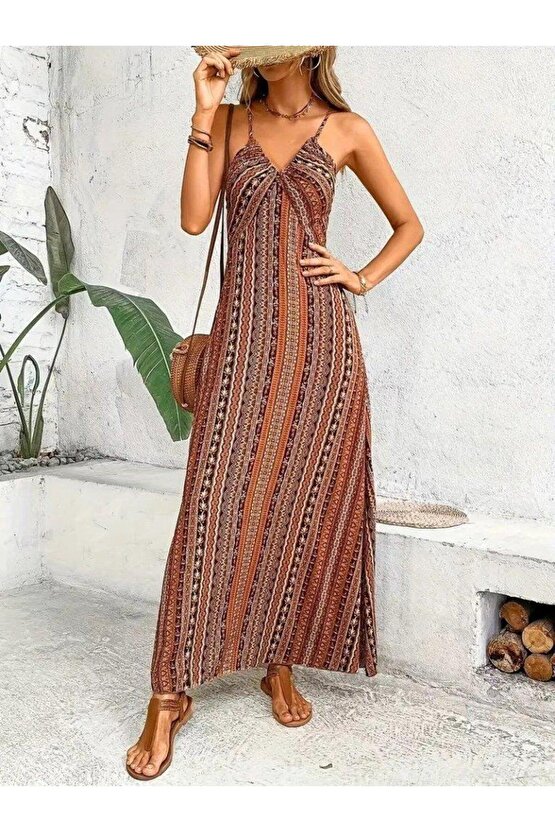 Kadın Ip Askılı Sırttan çapraz Detaylı Yırtmaçlı Desenli Süprem Elbise