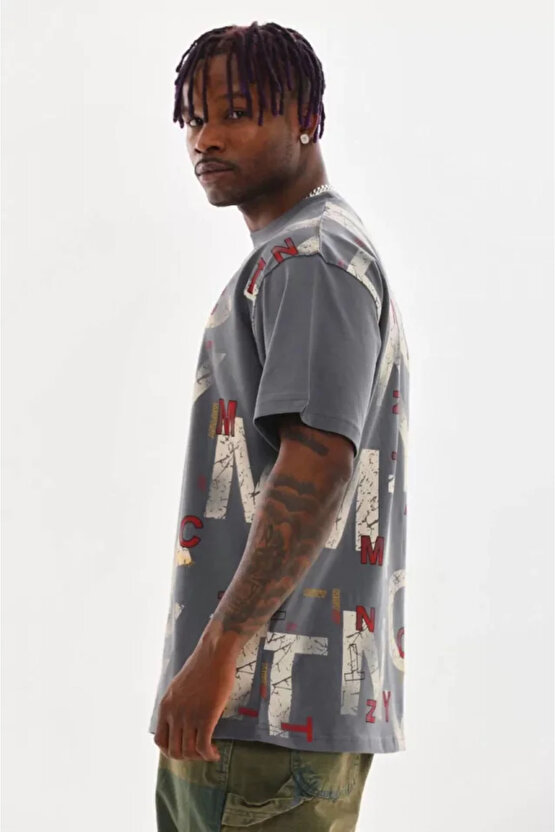 eyesof Unisex Baskılı Oversize T-Shirt - Füme