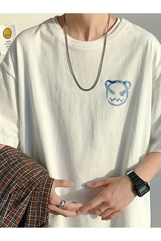 201 Penye Compack Bisiklet Yaka Kore tarzı sevimli ayı baskı Kısa Kol Erkek t-shirt - Beyaz