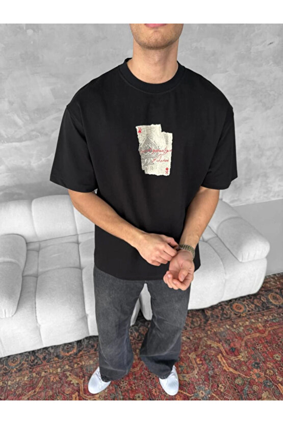 eyesof Ön Ve Arka Baskılı Oversize Bisiklet Yaka T-shirt - Siyah