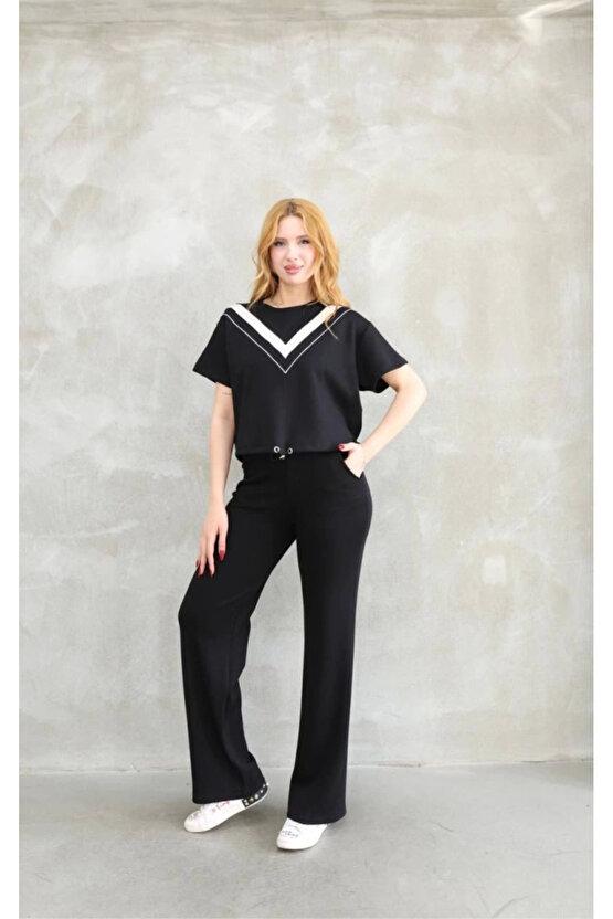 eyesof Osy Modal Yumuşak Dokulu Kumaş Bisiklet Yaka Parçalı Detaylı Kısa Kollu Takım - Siyah