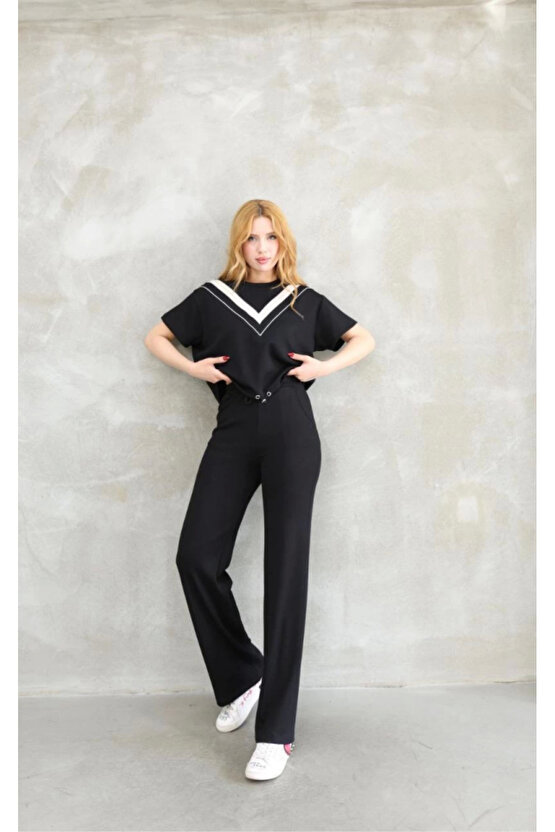 eyesof Osy Modal Yumuşak Dokulu Kumaş Bisiklet Yaka Parçalı Detaylı Kısa Kollu Takım - Siyah