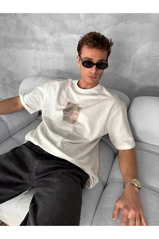 Ön ve Arka Baskılı Oversize Bisiklet Yaka T-shirt - Beyaz