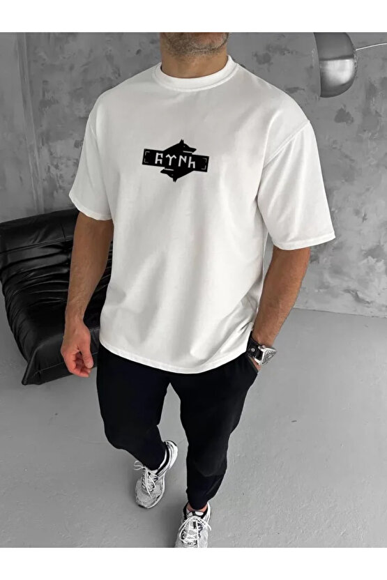 eyesof Unisex Bisiklet Yaka Baskılı Double Oversize T-Shirt - Beyaz