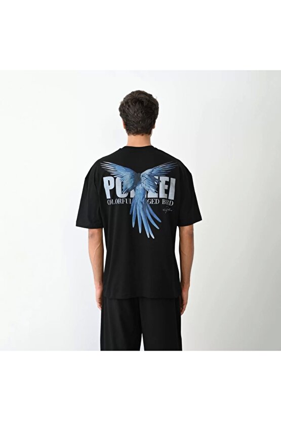 Unisex Bisiklet Yaka Baskılı Oversize T-Shirt - Siyah