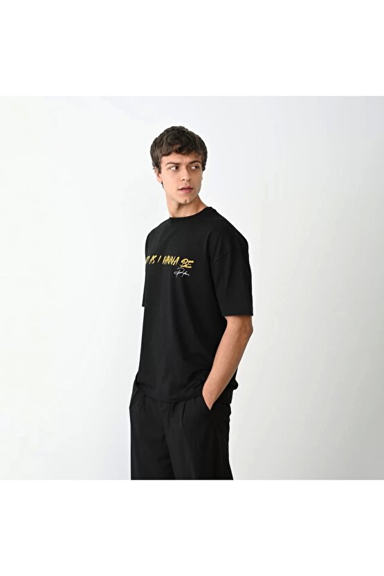 Unisex Bisiklet Yaka Baskılı Oversize T-Shirt - Siyah