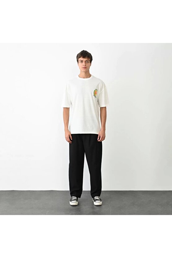 Unisex Bisiklet Yaka Baskılı Oversize T-Shirt - Beyaz