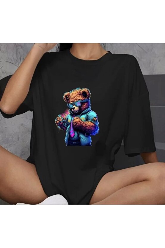 Unisex Bisiklet Yaka Baskılı Oversize T-Shirt - Siyah