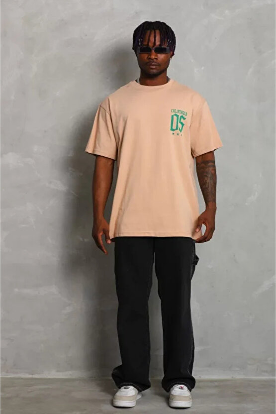 eyesof Unisex Oversize Baskılı Bisiklet Yaka T-Shirt - Bej