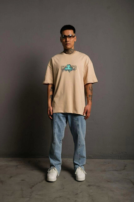 Erkek Sırt Baskılı T-shirt - Bej