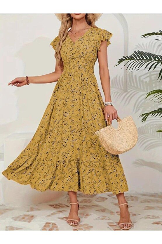 Kadın Kısa Kollu Kruvaze Yaka Beli Lastikli çiçek Desenli Elbise