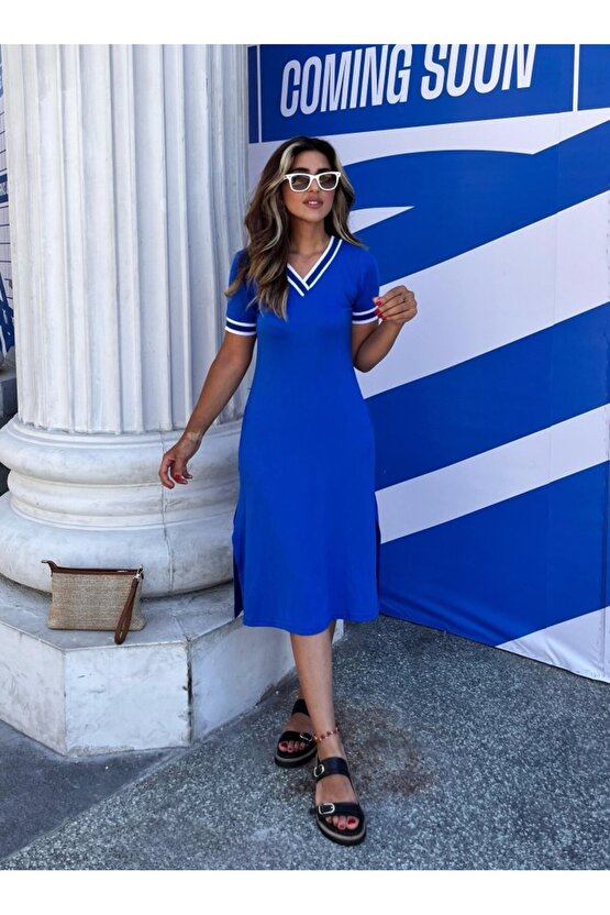 Kadın Kısa Kollu V Yaka Ve Yaka Ribana Detay Midiboy Viskon Elbise