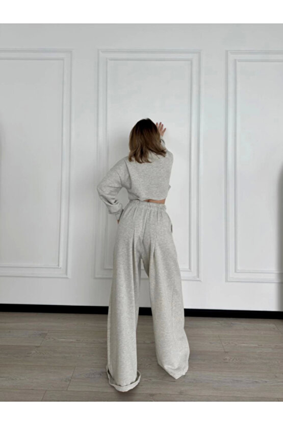 eyesof Uzun Kollu Önü İp Büzgülü Crop Ve Pantolon İkili Takım - Gri