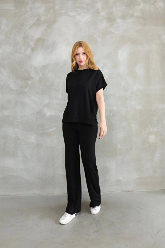 eyesof Osy Modal Yumuşak Dokulu Kumaş Bisiklet Yaka Kısa Kollu Takım - Siyah