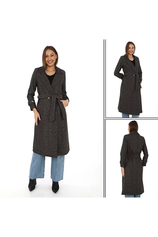 Kadın Astarlı Balık Sırtı Kaşmir Kaşe Kaban - Kahverengi