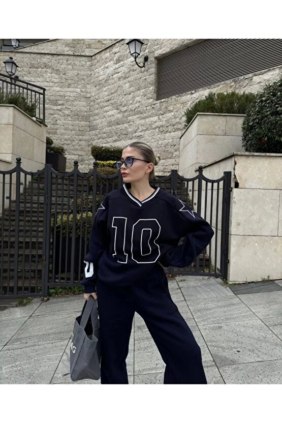 V Yaka Üç İplik Sweat Takım - Siyah