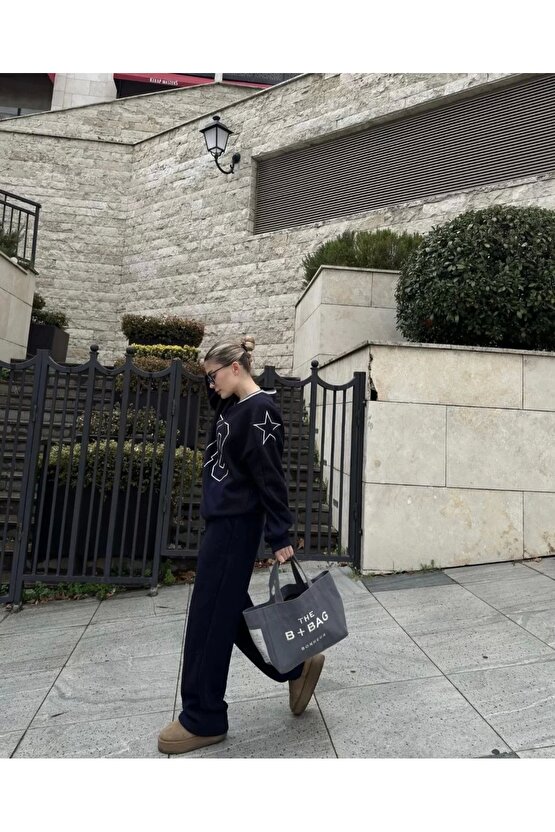 V Yaka Üç İplik Sweat Takım - Siyah