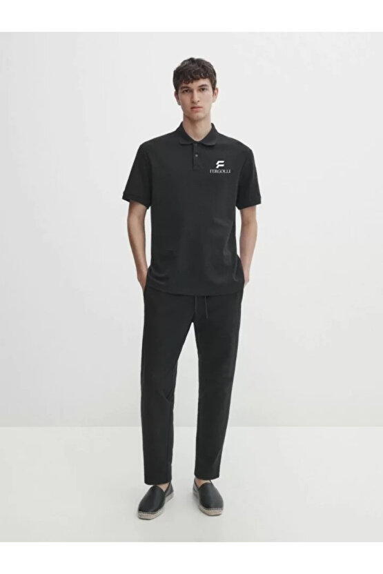 Yakası Düğmeli Yakalı Pike Baskılı T-Shirt - Beyaz