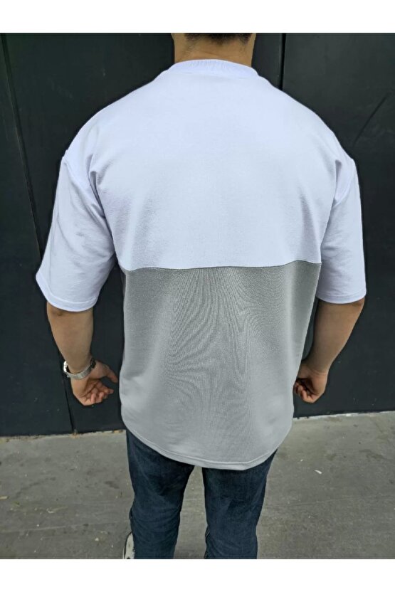 Unisex Torba Cep Detaylı Parçalı T-Shirt - Gri