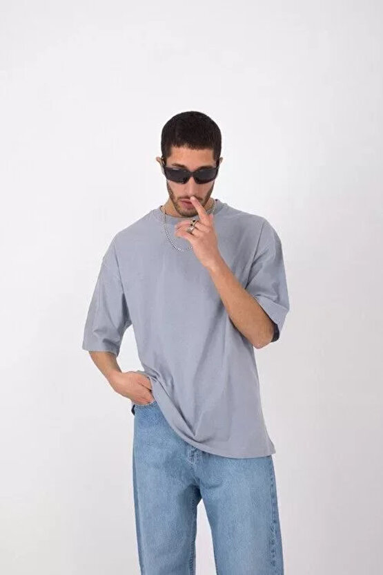 eyesof Unisex Basic Bisiklet Yaka Oversize T-Shirt - Gri
