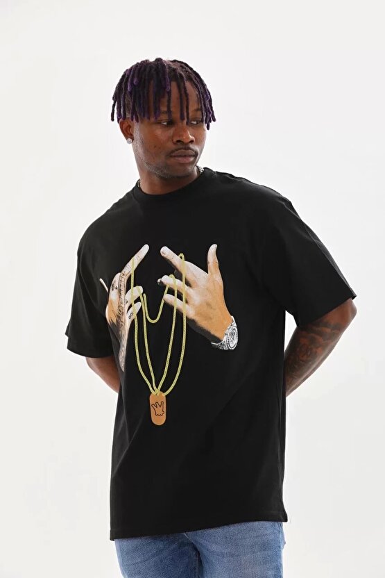 Unisex Baskılı Oversize T-Shirt - Siyah