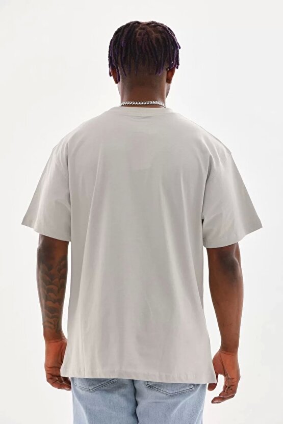 Unisex Baskılı Oversize T-Shirt - Gri