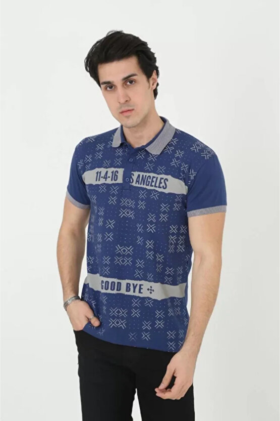 eyesof Erkek Yakalı Slim Fit Baskılı T-Shirt - Mavi