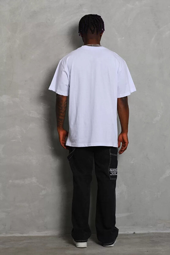 Unisex Oversize Düz Bisiklet Yaka T-Shirt - Beyaz