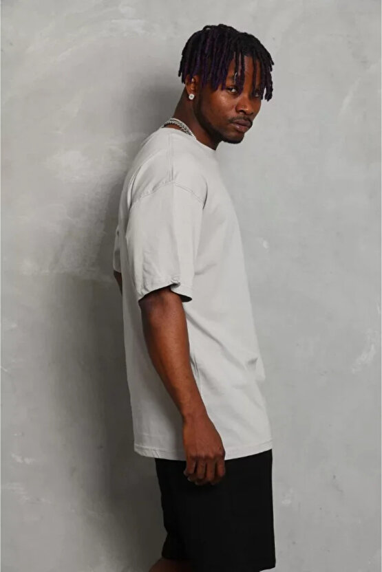 eyesof Unisex Oversize Düz Bisiklet Yaka T-Shirt - Gri