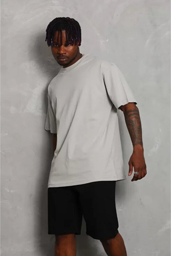 eyesof Unisex Oversize Düz Bisiklet Yaka T-Shirt - Gri