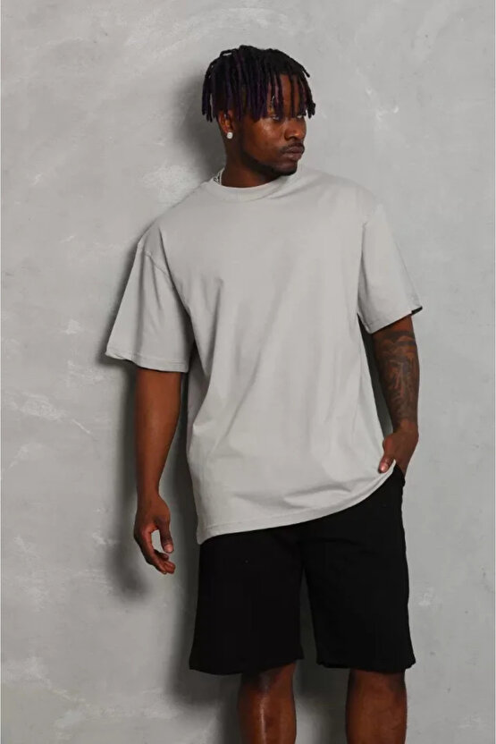 eyesof Unisex Oversize Düz Bisiklet Yaka T-Shirt - Gri