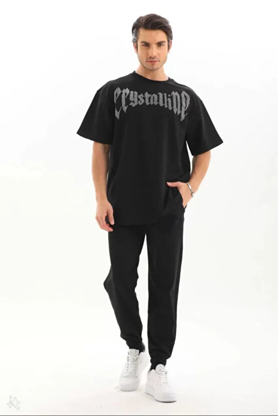 eyesof Unisex Oversize Taşlı T-Shirt - Siyah