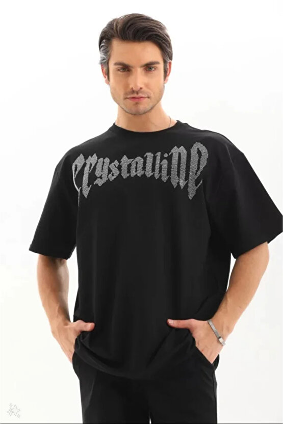 eyesof Unisex Oversize Taşlı T-Shirt - Siyah