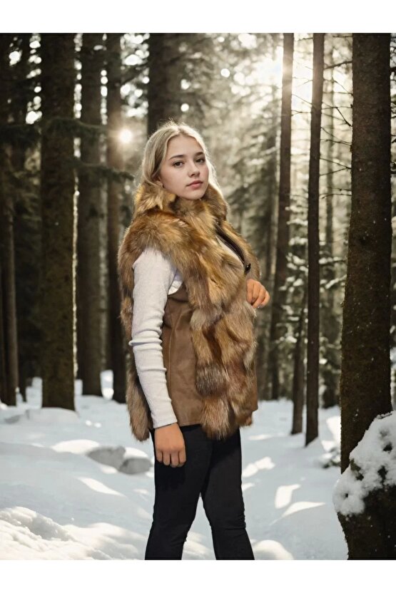 Kadın Kolsuz Hakiki Deri Kürk - Kahve